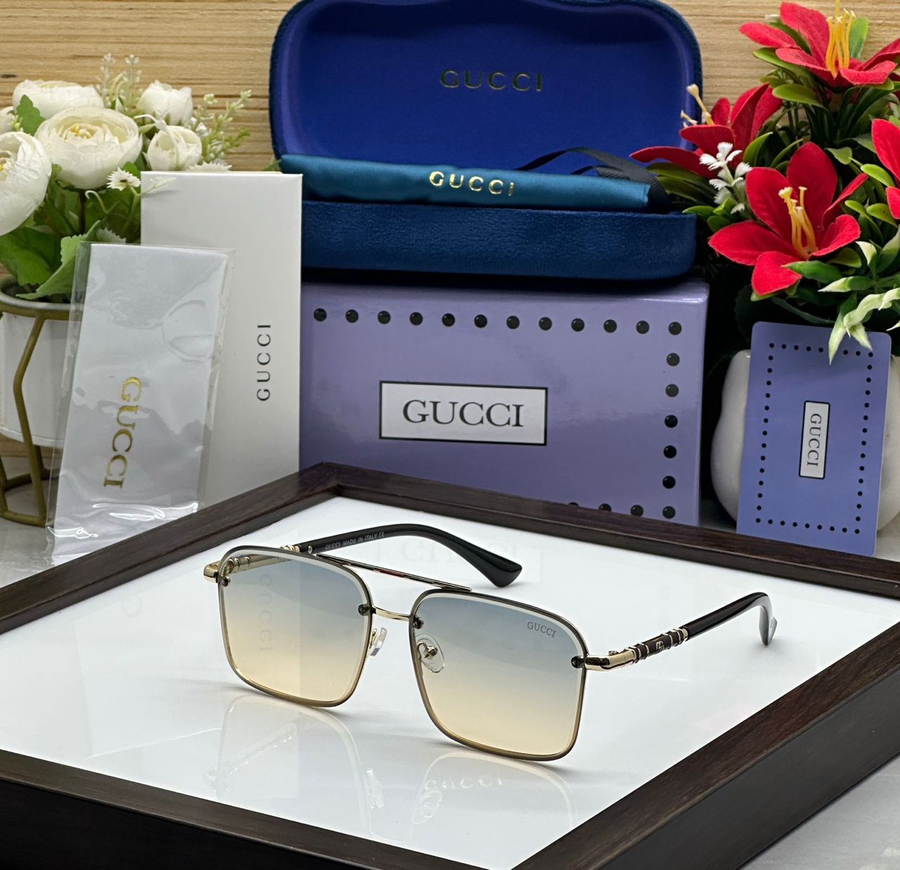 Gucci presented in a stylish, luxury setup