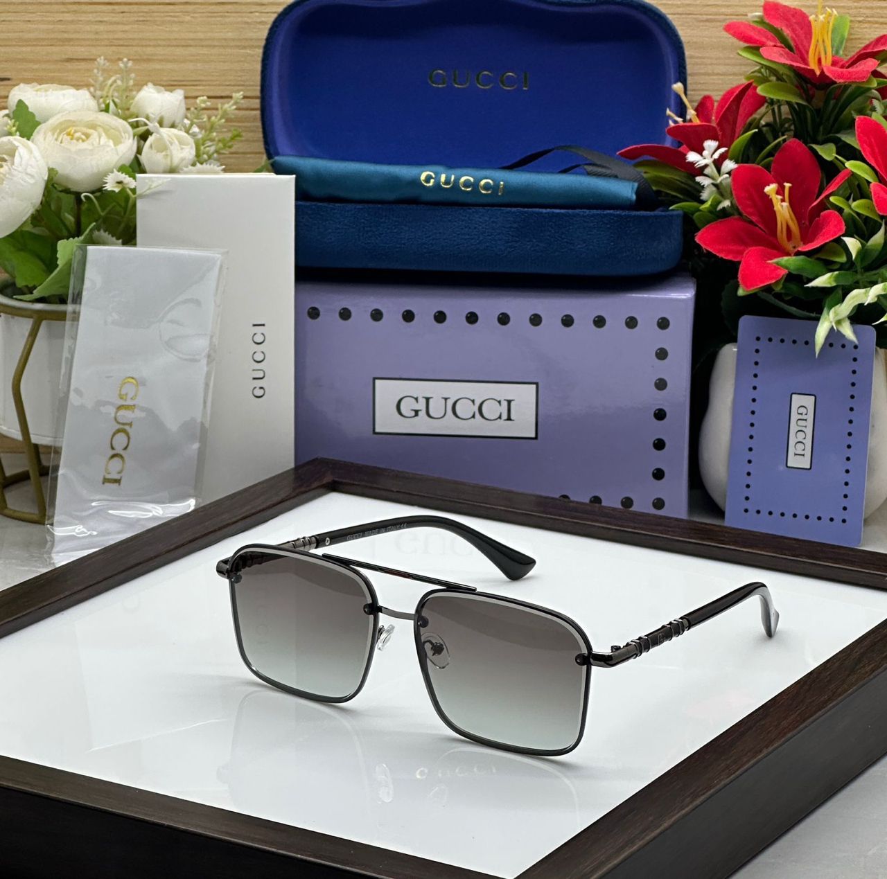 Gucci presented in a stylish, luxury setup